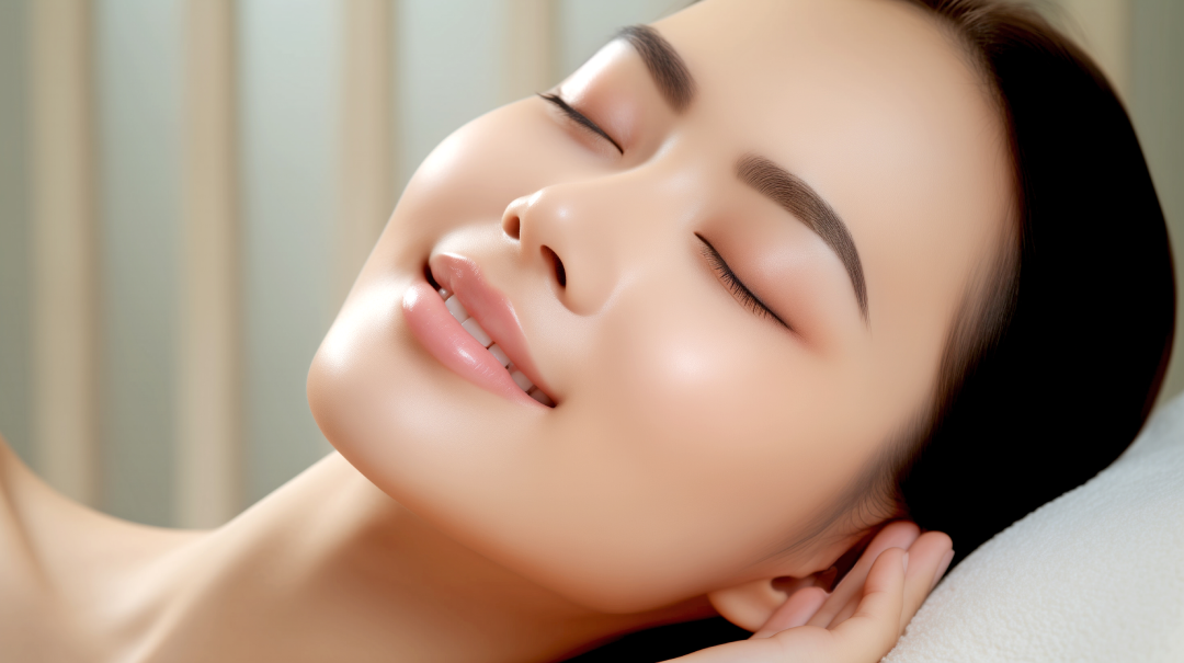 A woman with flawless skin smiling during a relaxing med spa treatment.