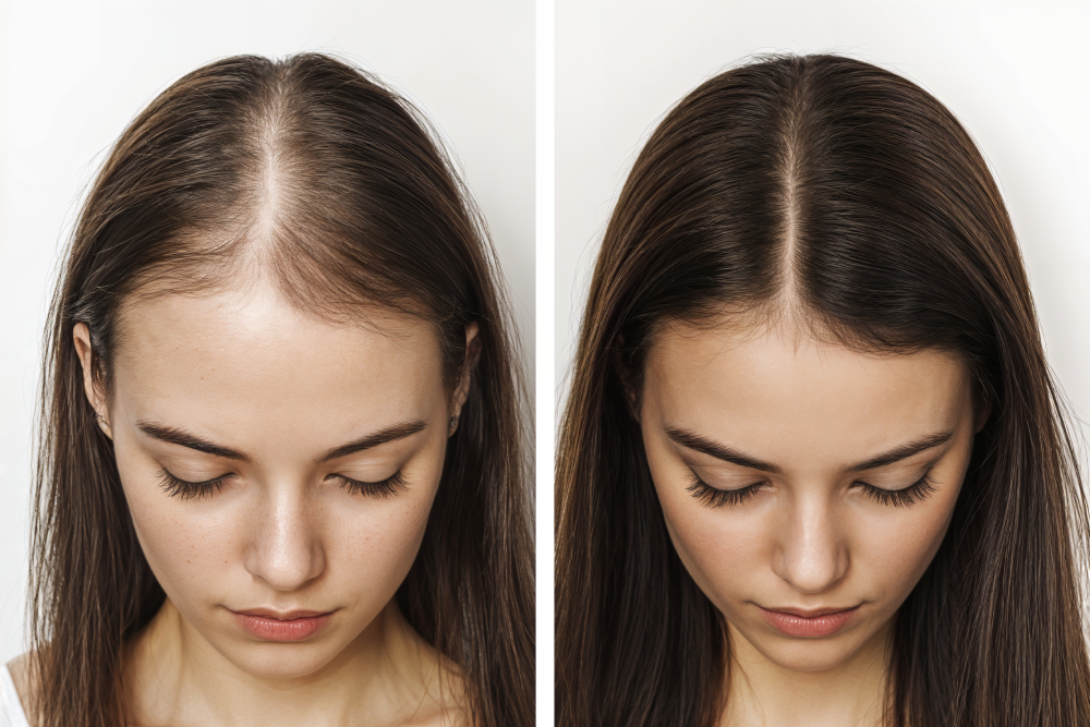 Before and after images showing female hair density improvement from prp hair regrowth.
