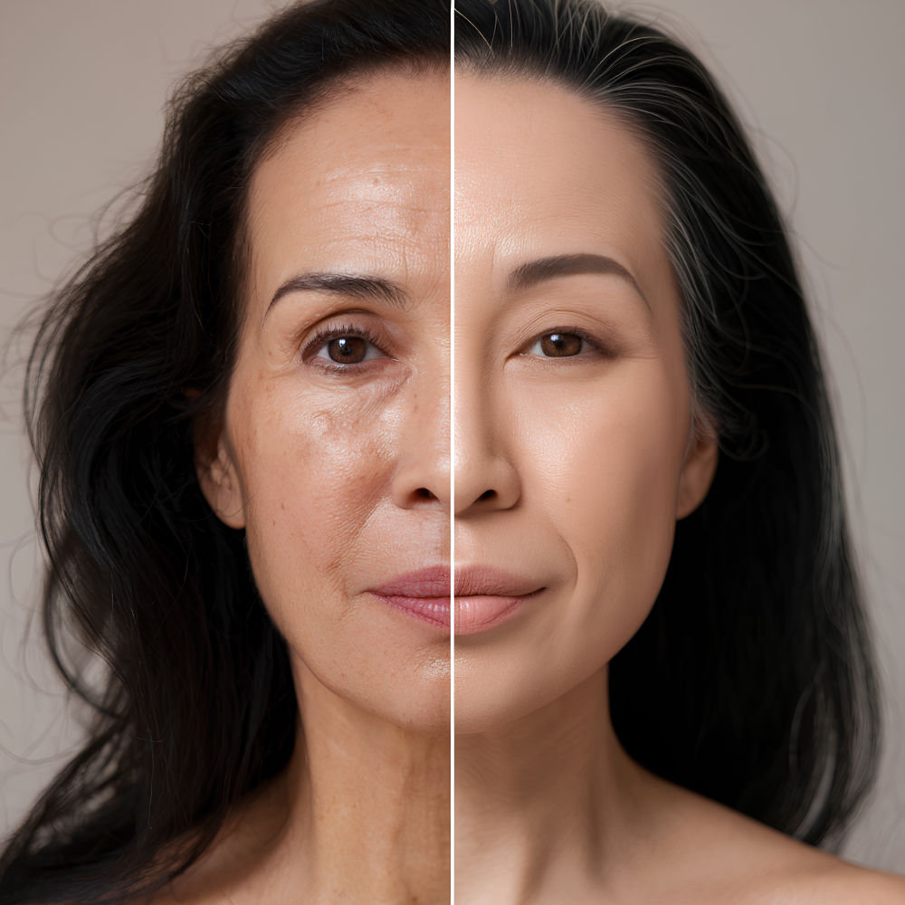 Before and after microneedling with PRP on mature skin.