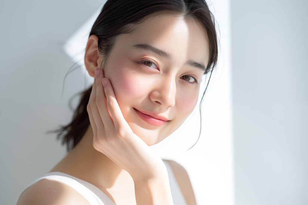 Woman touching her cheek with one hand, facing light from a nearby window.
