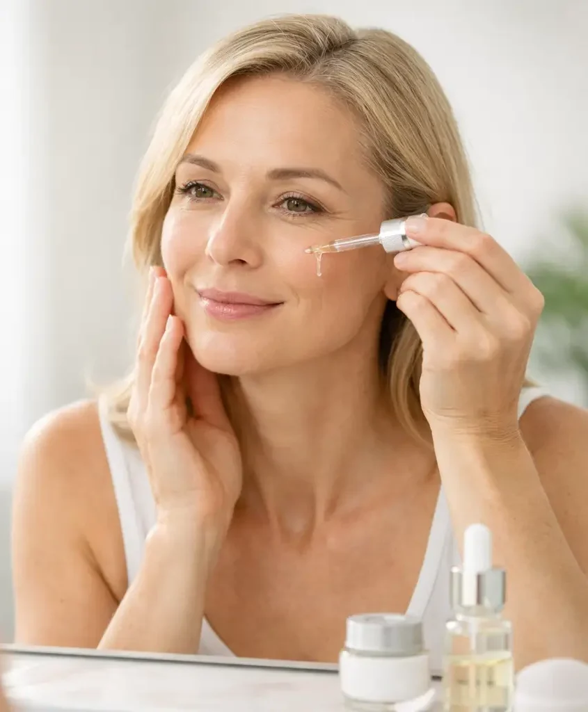 Woman applying facial serum to cheek while looking in mirror