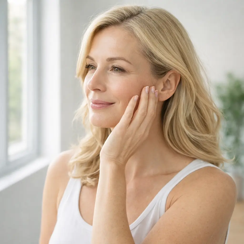 Woman touching her cheek while standing near a window in daylight