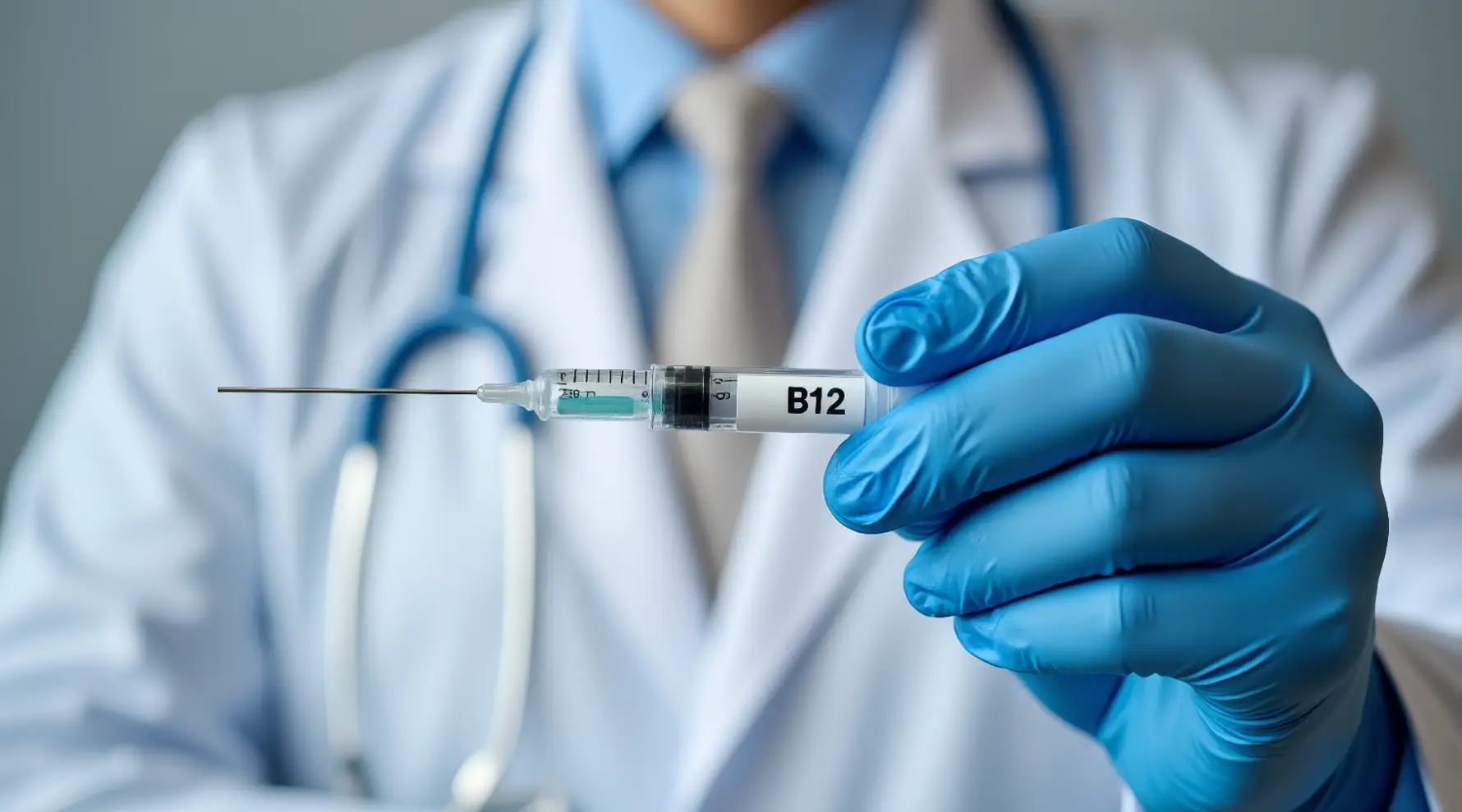 Gloved hand holding syringe labeled B12 in clinical setting