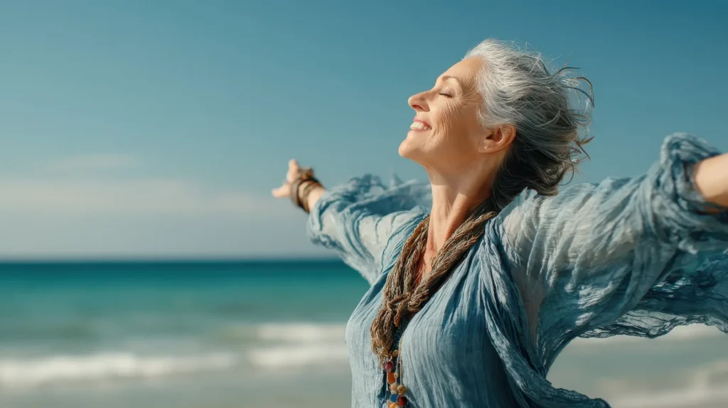 Older woman smiling with arms open while standing near the ocean
