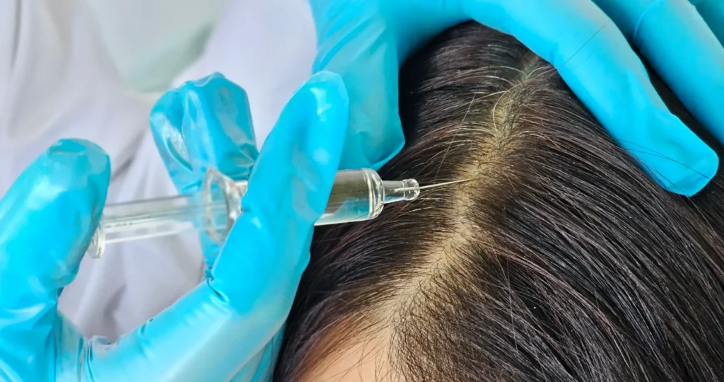 Gloved hands administering an injection into a person’s scalp