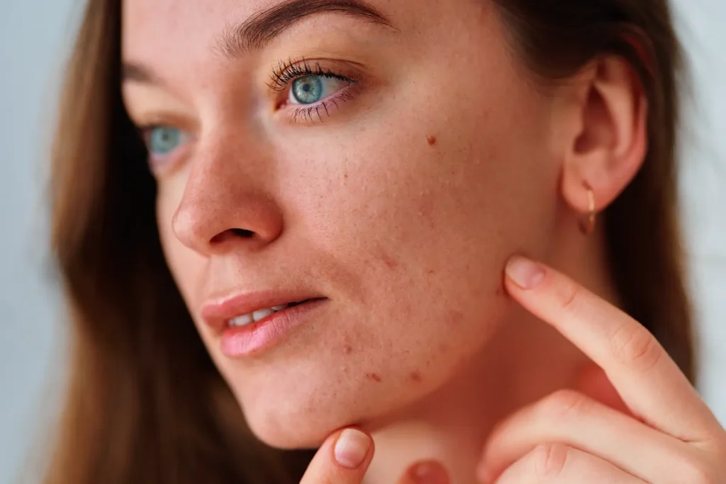 Woman pointing at acne breakouts on her cheek